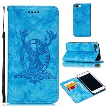 Retro Intricate Embossing Elk Seal Leather Wallet Case for iPhone 8 Plus / 7 Plus 7P(5.5 inch) - Blue