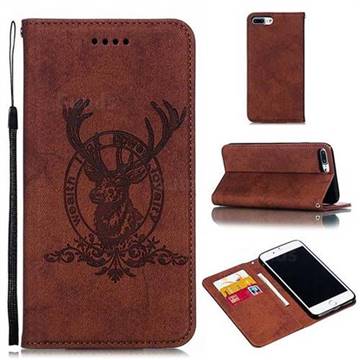 Retro Intricate Embossing Elk Seal Leather Wallet Case for iPhone 8 Plus / 7 Plus 7P(5.5 inch) - Brown