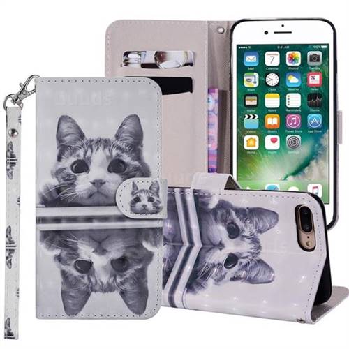 Mirror Cat 3D Painted Leather Phone Wallet Case Cover for iPhone 8 Plus / 7 Plus 7P(5.5 inch)