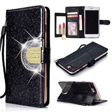 Glitter Diamond Buckle Splice Mirror Leather Wallet Phone Case for iPhone 8 Plus / 7 Plus 7P(5.5 inch) - Black