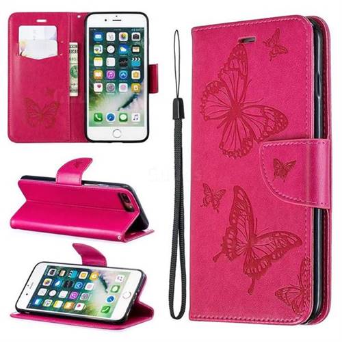Embossing Double Butterfly Leather Wallet Case for iPhone 8 Plus / 7 Plus 7P(5.5 inch) - Red