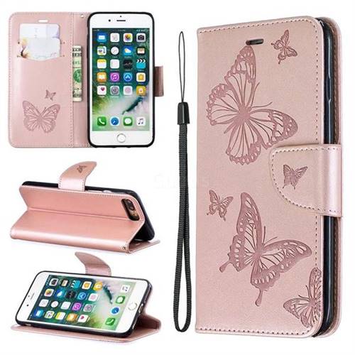 Embossing Double Butterfly Leather Wallet Case for iPhone 8 Plus / 7 Plus 7P(5.5 inch) - Rose Gold