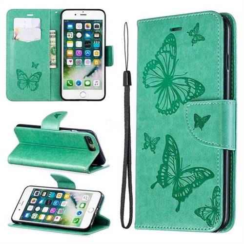 Embossing Double Butterfly Leather Wallet Case for iPhone 8 Plus / 7 Plus 7P(5.5 inch) - Green