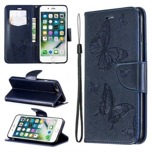 Embossing Double Butterfly Leather Wallet Case for iPhone 8 Plus / 7 Plus 7P(5.5 inch) - Dark Blue