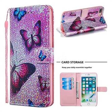 Blue Butterfly Sequins Painted Leather Wallet Case for iPhone 8 Plus / 7 Plus 7P(5.5 inch)