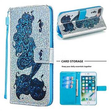 Mermaid Seahorse Sequins Painted Leather Wallet Case for iPhone 8 Plus / 7 Plus 7P(5.5 inch)