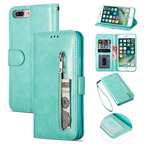 Retro Calfskin Zipper Leather Wallet Case Cover for iPhone 8 Plus / 7 Plus 7P(5.5 inch) - Mint Green