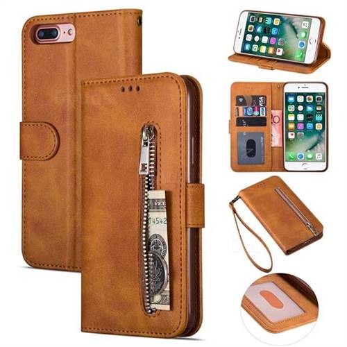 Retro Calfskin Zipper Leather Wallet Case Cover for iPhone 8 Plus / 7 Plus 7P(5.5 inch) - Brown