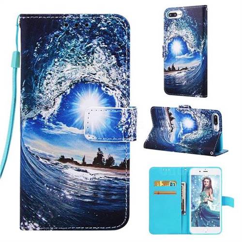 Waves and Sun Matte Leather Wallet Phone Case for iPhone 8 Plus / 7 Plus 7P(5.5 inch)