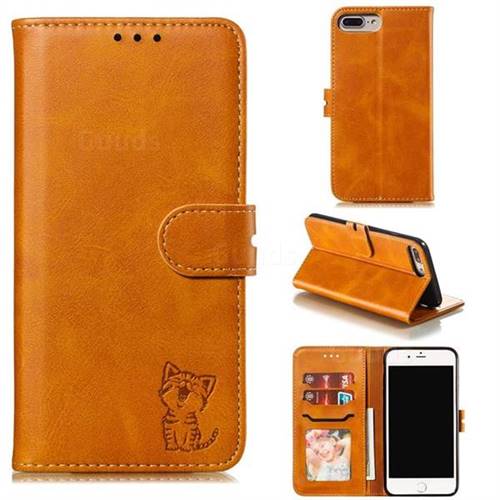 Embossing Happy Cat Leather Wallet Case for iPhone 8 Plus / 7 Plus 7P(5.5 inch) - Yellow