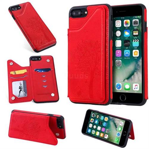 Luxury Tree and Cat Multifunction Magnetic Card Slots Stand Leather Phone Back Cover for iPhone 8 Plus / 7 Plus 7P(5.5 inch) - Red