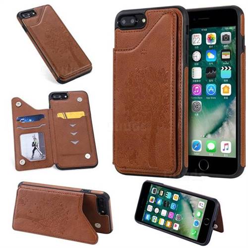 Luxury Tree and Cat Multifunction Magnetic Card Slots Stand Leather Phone Back Cover for iPhone 8 Plus / 7 Plus 7P(5.5 inch) - Brown