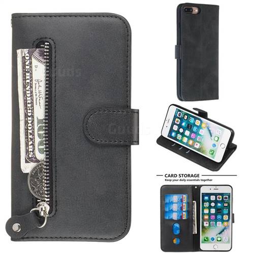 Retro Luxury Zipper Leather Phone Wallet Case for iPhone 8 Plus / 7 Plus 7P(5.5 inch) - Black