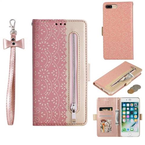 Luxury Lace Zipper Stitching Leather Phone Wallet Case for iPhone 8 Plus / 7 Plus 7P(5.5 inch) - Pink