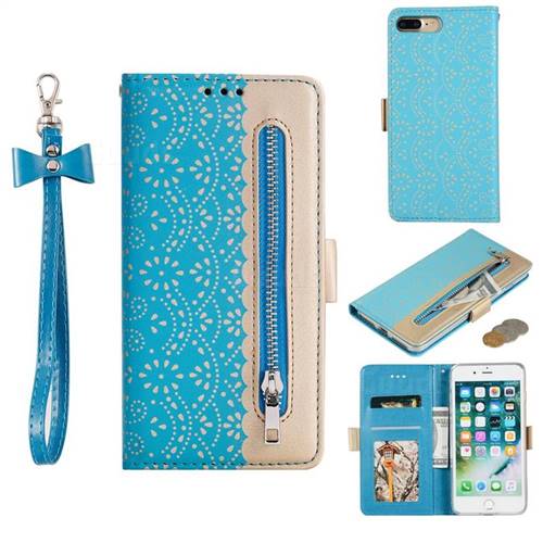 Luxury Lace Zipper Stitching Leather Phone Wallet Case for iPhone 8 Plus / 7 Plus 7P(5.5 inch) - Blue
