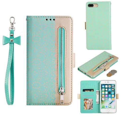 Luxury Lace Zipper Stitching Leather Phone Wallet Case for iPhone 8 Plus / 7 Plus 7P(5.5 inch) - Green