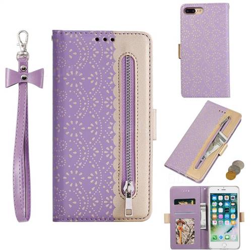 Luxury Lace Zipper Stitching Leather Phone Wallet Case for iPhone 8 Plus / 7 Plus 7P(5.5 inch) - Purple
