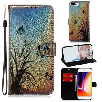 Butterfly Orchid Laser Shining Leather Wallet Phone Case for iPhone 8 Plus / 7 Plus 7P(5.5 inch)
