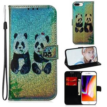 Two Pandas Laser Shining Leather Wallet Phone Case for iPhone 8 Plus / 7 Plus 7P(5.5 inch)