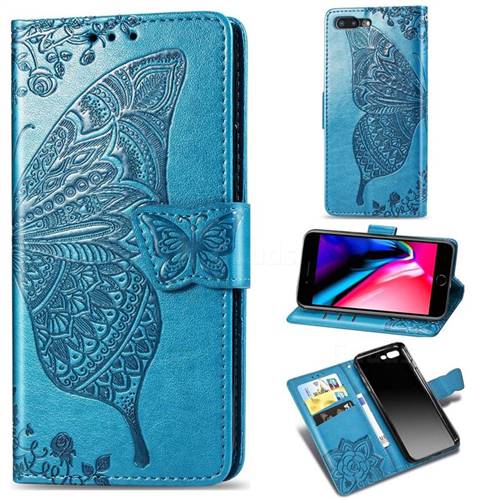 Embossing Mandala Flower Butterfly Leather Wallet Case for iPhone 8 Plus / 7 Plus 7P(5.5 inch) - Blue