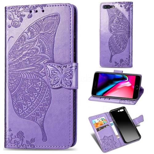 Embossing Mandala Flower Butterfly Leather Wallet Case for iPhone 8 Plus / 7 Plus 7P(5.5 inch) - Light Purple