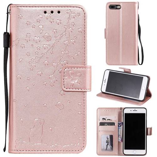 Embossing Cherry Blossom Cat Leather Wallet Case for iPhone 8 Plus / 7 Plus 7P(5.5 inch) - Rose Gold
