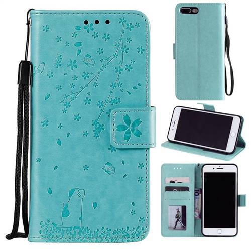 Embossing Cherry Blossom Cat Leather Wallet Case for iPhone 8 Plus / 7 Plus 7P(5.5 inch) - Green