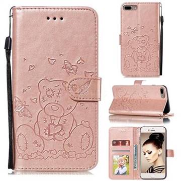 Embossing Butterfly Heart Bear Leather Wallet Case for iPhone 8 Plus / 7 Plus 7P(5.5 inch) - Rose Gold
