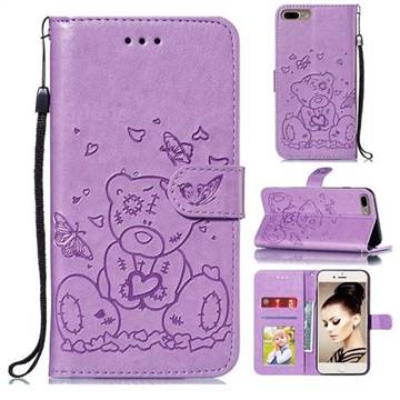 Embossing Butterfly Heart Bear Leather Wallet Case for iPhone 8 Plus / 7 Plus 7P(5.5 inch) - Purple