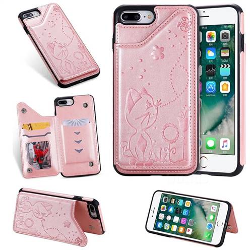 Luxury Bee and Cat Multifunction Magnetic Card Slots Stand Leather Back Cover for iPhone 8 Plus / 7 Plus 7P(5.5 inch) - Rose Gold