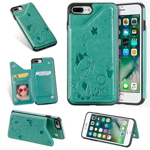Luxury Bee and Cat Multifunction Magnetic Card Slots Stand Leather Back Cover for iPhone 8 Plus / 7 Plus 7P(5.5 inch) - Green