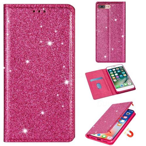 Ultra Slim Glitter Powder Magnetic Automatic Suction Leather Wallet Case for iPhone 8 Plus / 7 Plus 7P(5.5 inch) - Rose Red