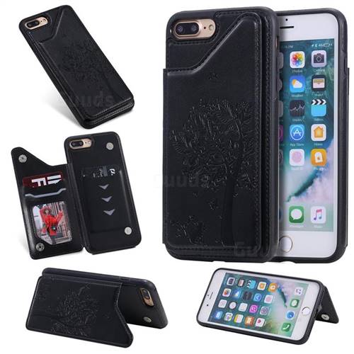 Luxury R61 Tree Cat Magnetic Stand Card Leather Phone Case for iPhone 8 Plus / 7 Plus 7P(5.5 inch) - Black