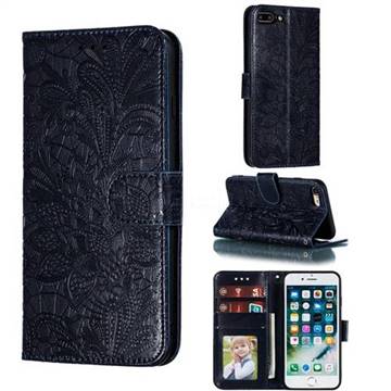 Intricate Embossing Lace Jasmine Flower Leather Wallet Case for iPhone 8 Plus / 7 Plus 7P(5.5 inch) - Dark Blue