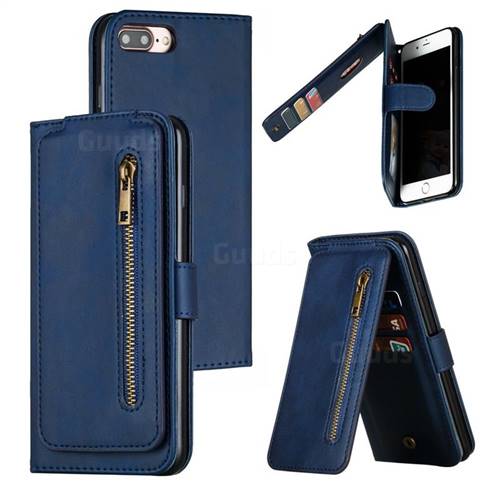 Multifunction 9 Cards Leather Zipper Wallet Phone Case for iPhone 8 Plus / 7 Plus 7P(5.5 inch) - Blue
