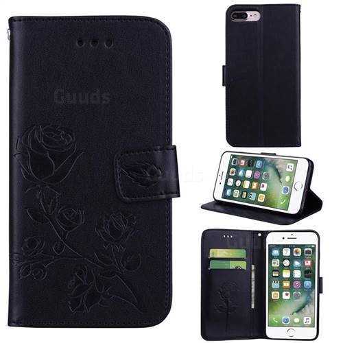 Embossing Rose Flower Leather Wallet Case for iPhone 8 Plus / 7 Plus 7P(5.5 inch) - Black