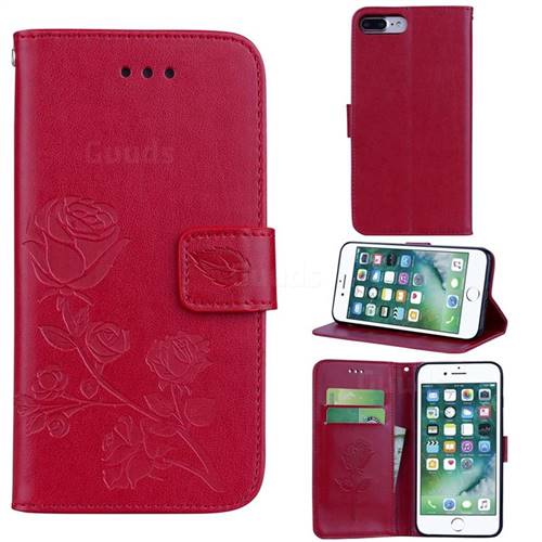 Embossing Rose Flower Leather Wallet Case for iPhone 8 Plus / 7 Plus 7P(5.5 inch) - Red