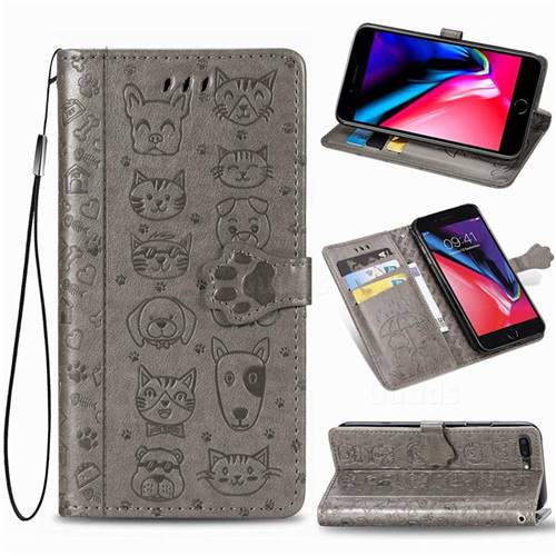 Embossing Dog Paw Kitten and Puppy Leather Wallet Case for iPhone 8 Plus / 7 Plus 7P(5.5 inch) - Gray