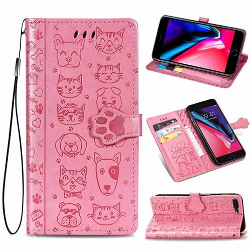 Embossing Dog Paw Kitten and Puppy Leather Wallet Case for iPhone 8 Plus / 7 Plus 7P(5.5 inch) - Pink