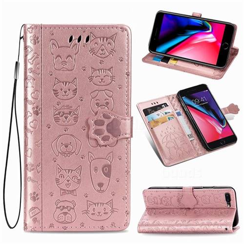 Embossing Dog Paw Kitten and Puppy Leather Wallet Case for iPhone 8 Plus / 7 Plus 7P(5.5 inch) - Rose Gold
