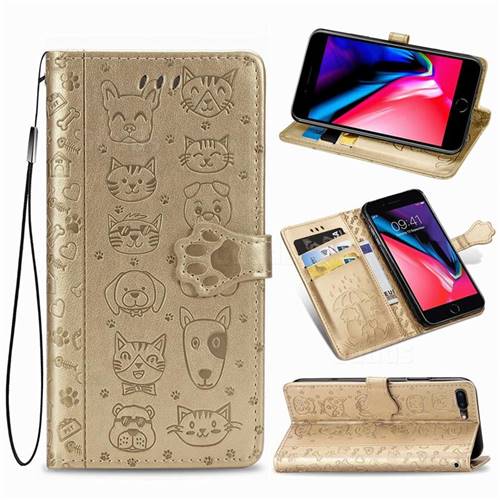 Embossing Dog Paw Kitten and Puppy Leather Wallet Case for iPhone 8 Plus / 7 Plus 7P(5.5 inch) - Champagne Gold