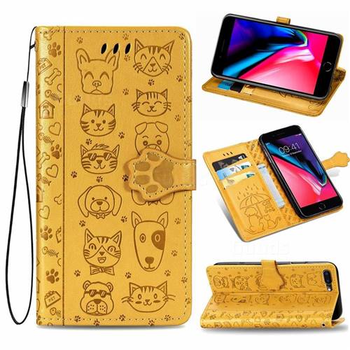 Embossing Dog Paw Kitten and Puppy Leather Wallet Case for iPhone 8 Plus / 7 Plus 7P(5.5 inch) - Yellow