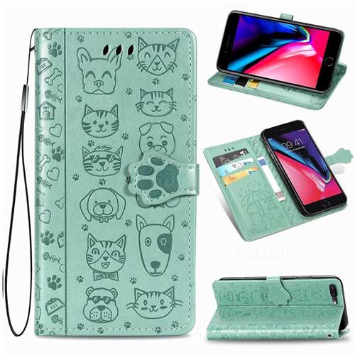 Embossing Dog Paw Kitten and Puppy Leather Wallet Case for iPhone 8 Plus / 7 Plus 7P(5.5 inch) - Green
