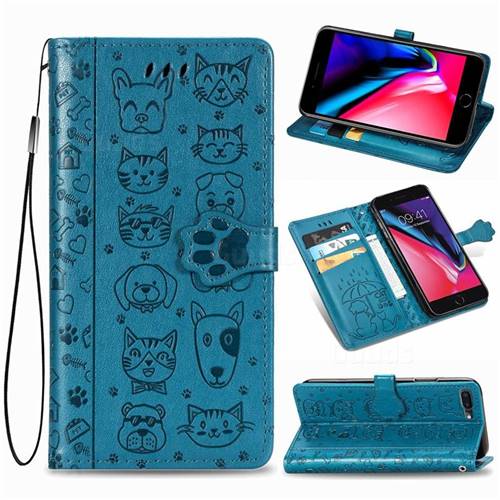 Embossing Dog Paw Kitten and Puppy Leather Wallet Case for iPhone 8 Plus / 7 Plus 7P(5.5 inch) - Blue