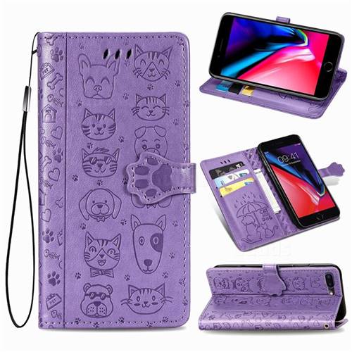 Embossing Dog Paw Kitten and Puppy Leather Wallet Case for iPhone 8 Plus / 7 Plus 7P(5.5 inch) - Purple