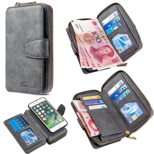 Binfen Color Retro Buckle Zipper Multifunction Leather Phone Wallet for iPhone 8 Plus / 7 Plus 7P(5.5 inch) - Gray