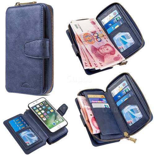 Binfen Color Retro Buckle Zipper Multifunction Leather Phone Wallet for iPhone 8 Plus / 7 Plus 7P(5.5 inch) - Blue