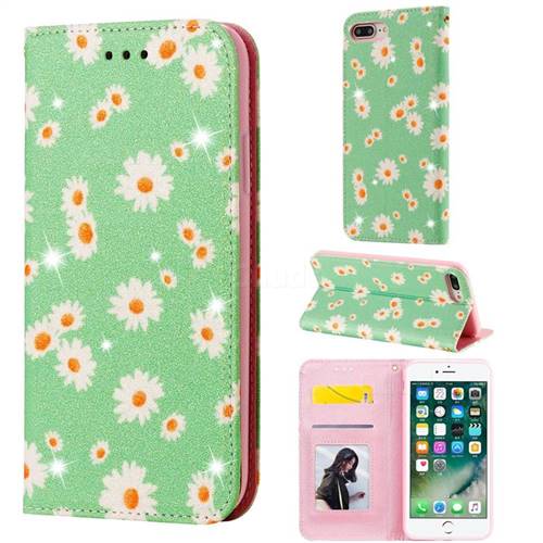 Ultra Slim Daisy Sparkle Glitter Powder Magnetic Leather Wallet Case for iPhone 8 Plus / 7 Plus 7P(5.5 inch) - Green