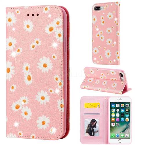 Ultra Slim Daisy Sparkle Glitter Powder Magnetic Leather Wallet Case for iPhone 8 Plus / 7 Plus 7P(5.5 inch) - Pink
