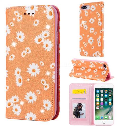Ultra Slim Daisy Sparkle Glitter Powder Magnetic Leather Wallet Case for iPhone 8 Plus / 7 Plus 7P(5.5 inch) - Orange